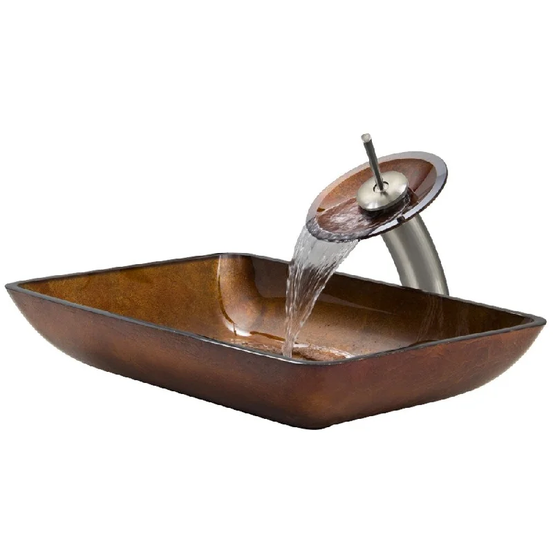 VIGO Russet Glass Vessel Bathroom Sink and Waterfall Faucet Set