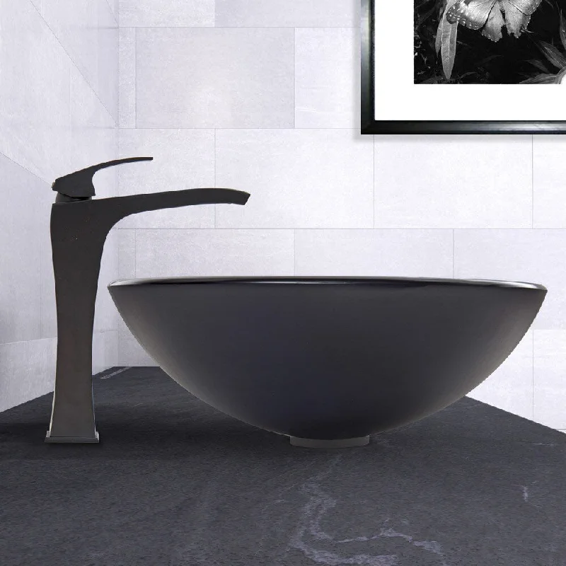 VIGO Sheer Black Frost Glass Vessel Sink and Blackstonian Faucet Set in Matte Black Finish