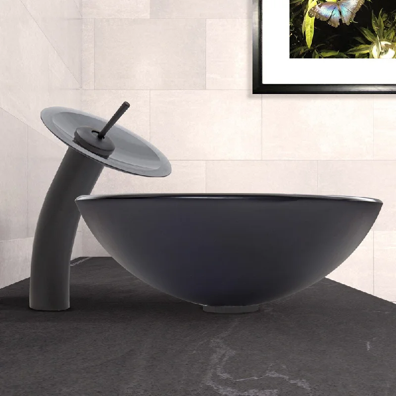 VIGO Sheer Black Frost Glass Vessel Sink and Waterfall Faucet Set in Matte Black Finish