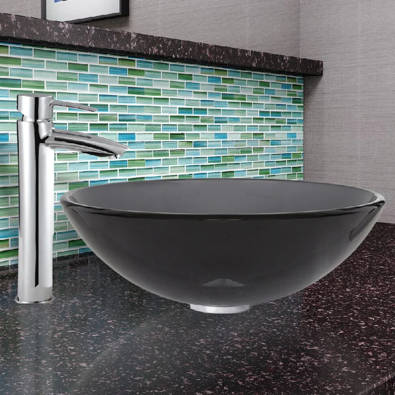 VIGO Sheer Black Glass Vessel Sink and Shadow Faucet Set in a Chrome Finish