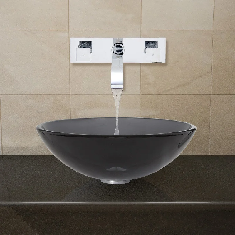 VIGO Sheer Black Glass Vessel Sink and Wall Mount Faucet Set in Chrome