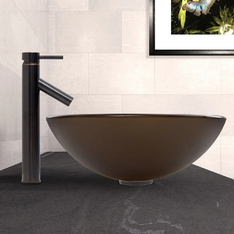 VIGO Sheer Sepia Frost Glass Vessel Sink and Dior Faucet Set in Antique Rubbed Bronze Finish - Brown