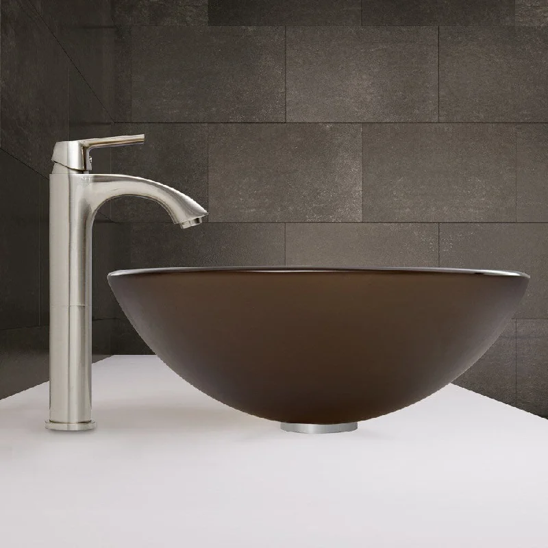 VIGO Sheer Sepia Frost Glass Vessel Sink and Linus Faucet Set in Brushed Nickel Finish - Brown