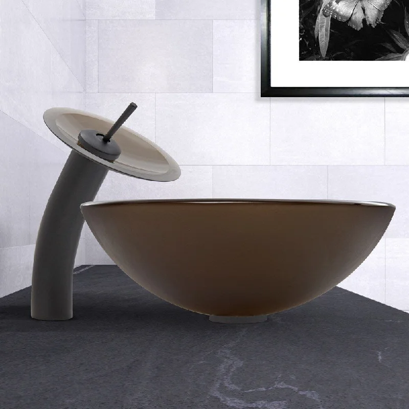 VIGO Sheer Sepia Frost Glass Vessel Sink and Waterfall Faucet Set in Matte Black Finish