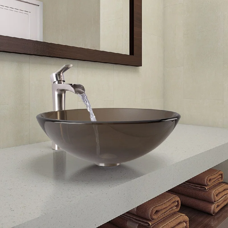 VIGO Sheer Sepia Glass Vessel Bathroom Sink and Niko Faucet Set in Brushed Nickel Finish