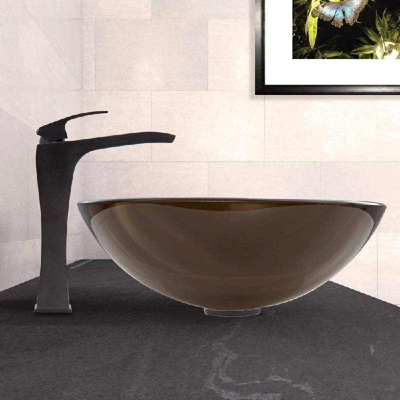 VIGO Sheer Sepia Glass Vessel Sink and Blackstonian Faucet Set in Antique Rubbed Bronze Finish - Brown