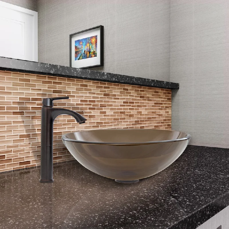 VIGO Sheer Sepia Glass Vessel Sink and Linus Faucet Set in Antique Rubbed Bronze Finish