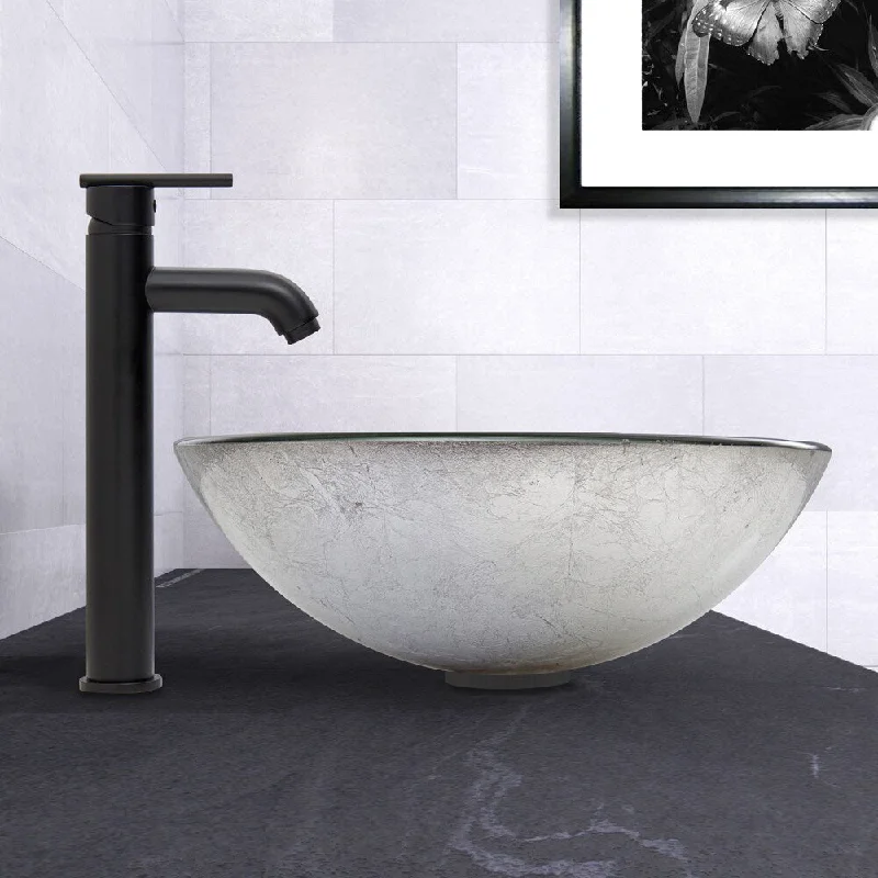 VIGO Simply Silver Glass Vessel Sink and Seville Faucet Set in Matte Black Finish