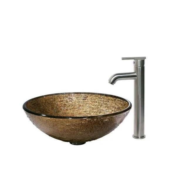 VIGO Textured Copper Glass Vessel Sink and Faucet Set in Brushed Nickel