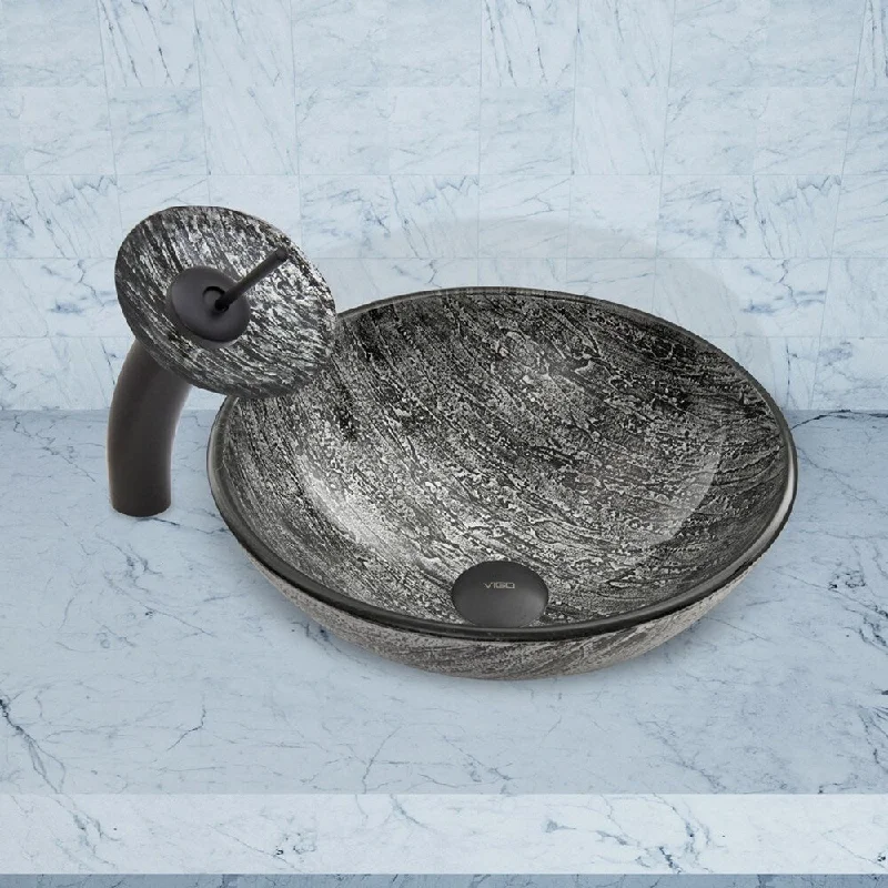 VIGO Titanium Glass Vessel Bathroom Sink and Waterfall Faucet Set