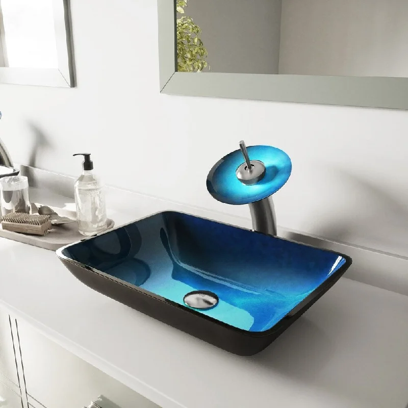 VIGO Turquoise Glass Vessel Bathroom Sink and Waterfall Faucet Set