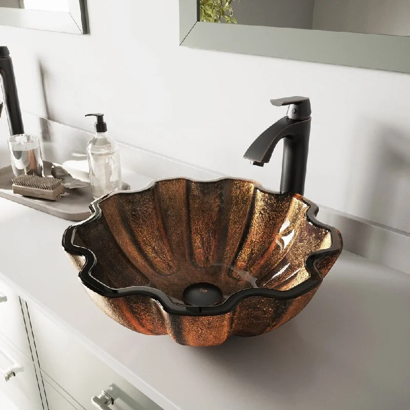 VIGO Walnut Shell Glass Vessel Bathroom Sink and Linus Faucet Set