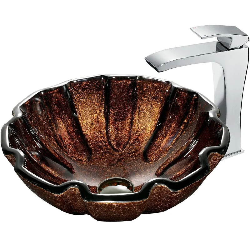 VIGO Walnut Shell Glass Vessel Sink and Faucet Set in Chrome