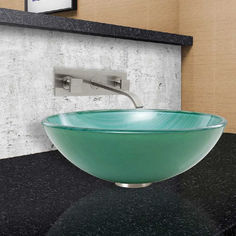 VIGO Whispering Wind Glass Vessel Sink and Titus Wall Mount Faucet Set in a Brushed Nickel Finish - Green