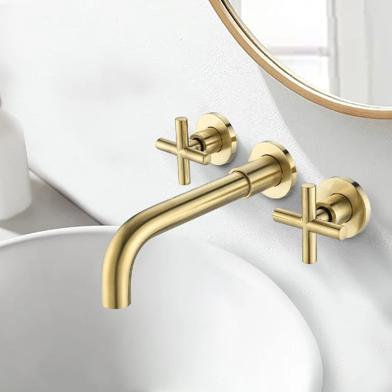 Wall Mounted Bathroom Sink Faucet - Elegant Gold Finish, Solid Brass Construction, Cross Handles for Effortless Control