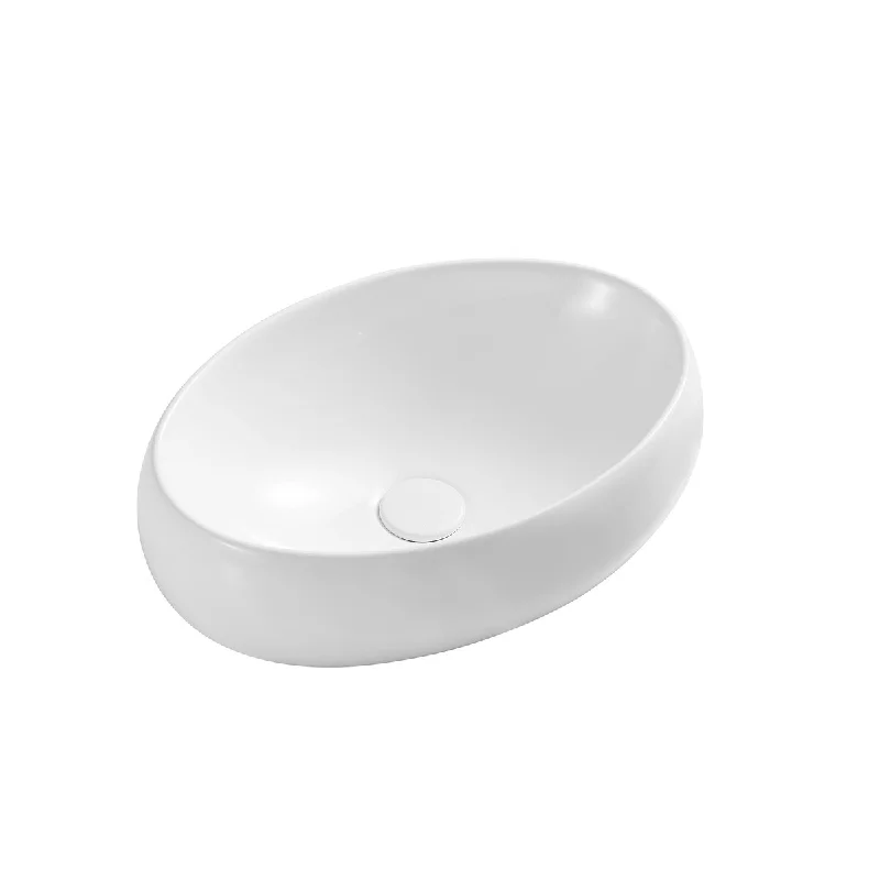 White Oval Bathroom Vessel Sink with Ceramic Drain Stopper - 19.09 in. width