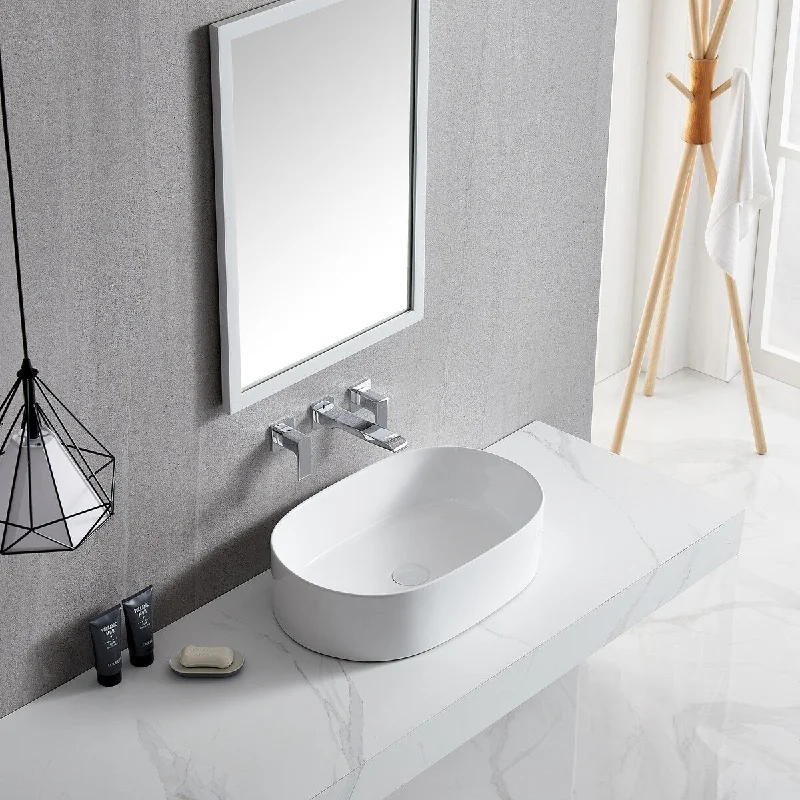 White Oval Bathroom Vessel Sink with Ceramic Drain Stopper - 22.05 in. width