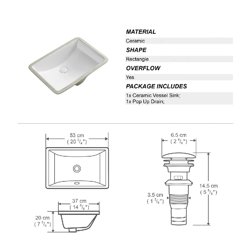 White Rectangle Bathroom Vessel Sink with Ceramic Drain And Overflow - 20.87 in. width