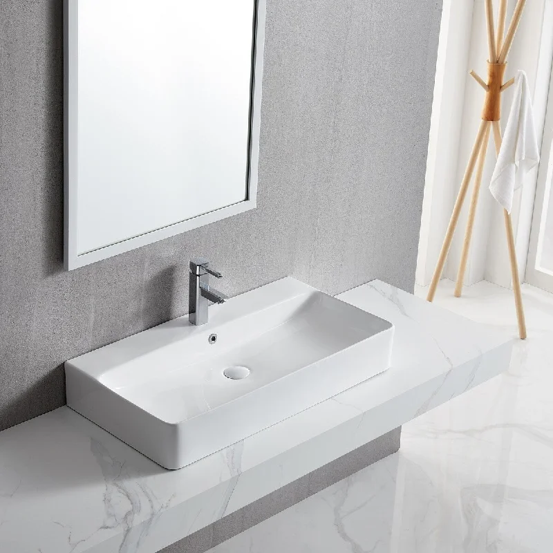 White Rectangle Bathroom Vessel Sink with Ceramic Drain And Overflow - 31.89 in. width