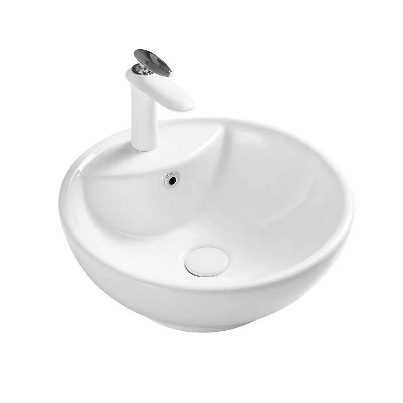 White Round Bathroom Vessel Sink with Ceramic Drain And Overflow - 18.11 in. width