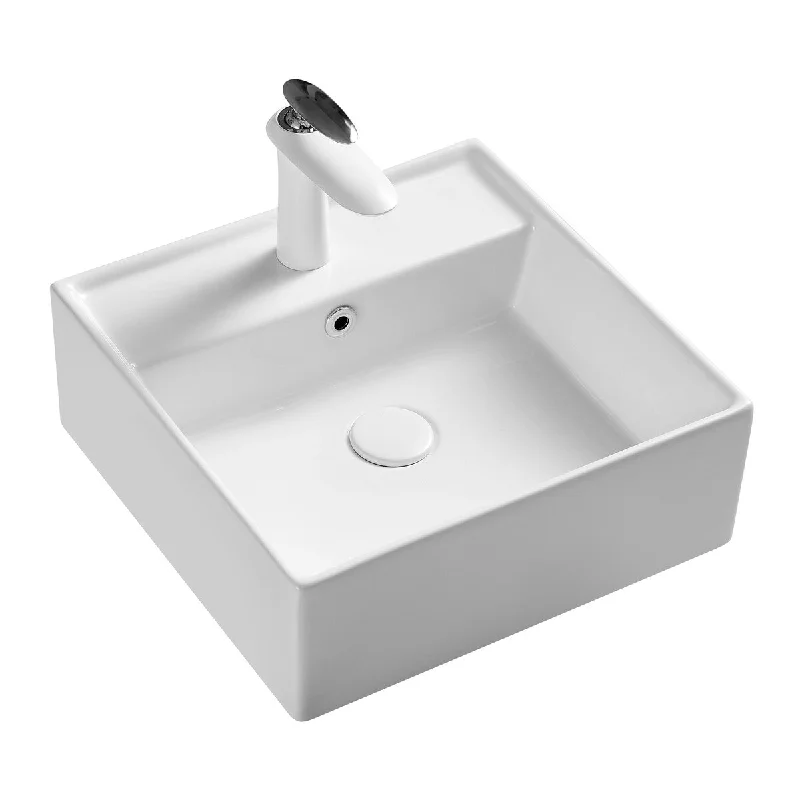 White Square Bathroom Vessel Sink with Ceramic Drain And Overflow - 16.54 in. width