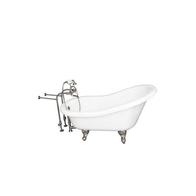 Tub Kit Isadora 67 Inch Acrylic White Kit Includes Brushed Nickel Tub Filler with Handshower Freestanding 30 Inch Tub Supplies and Tub Drain Ball and Claw Feet Elephant Spout Porcelain Lever Cradle Hose