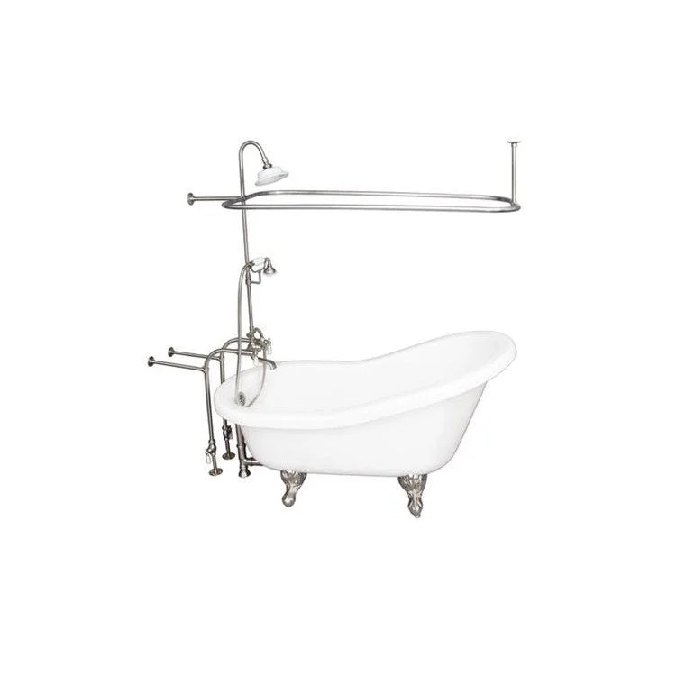 Tub Kit Isadora 67 Inch White Kit Includes Brushed Nickel Tub Filler with Handshower 62 Inch Riser Sunflower Showerhead Rectangular Shower Ring Freestanding 30 Inch Tub Supplies and Tub Drain Ball and Claw Feet Elephant Spout Porcelain Lever Cradle Hose