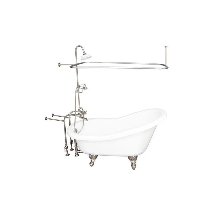 Tub Kit Isadora 67 Inch Acrylic White Kit Includes Brushed Nickel Tub Filler with Handshower 62 Inch Riser Sunflower Showerhead Rectangular Shower Ring Freestanding 30 Inch Tub Supplies and Tub Drain Ball and Claw Feet Elephant Spout Cross Cradle Hose