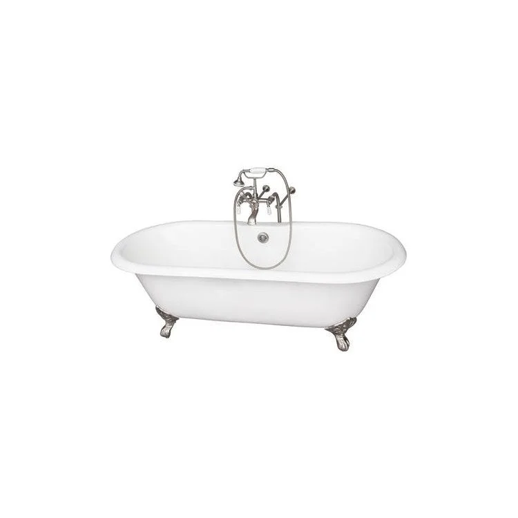 Tub Kit Duet 67 Inch Cast Iron White Kit Includes Brushed Nickel Tub Filler with Handshower 30 Inch Freestanding Bath Supplies and Tub Drain Imperial Feet Elephant Spout Porcelain Lever Cradle Hose