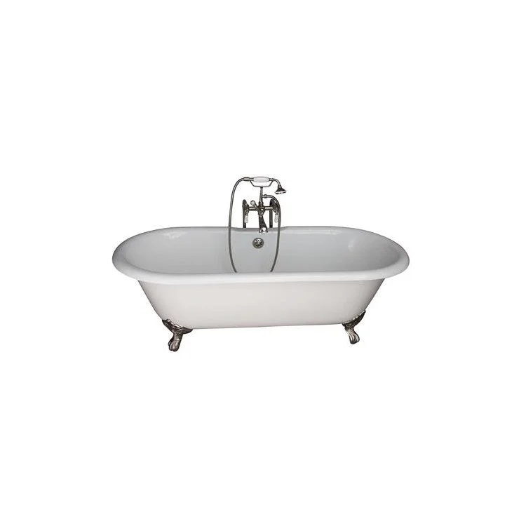 Tub Kit Columbus 61 Inch Cast Iron White Kit Includes Polished Nickel Tub Filler with Handshower 30 Inch Freestanding Bath Supplies and Tub Drain Non-Skid Strips Elephant Spout Porcelain Lever Cradle Hose