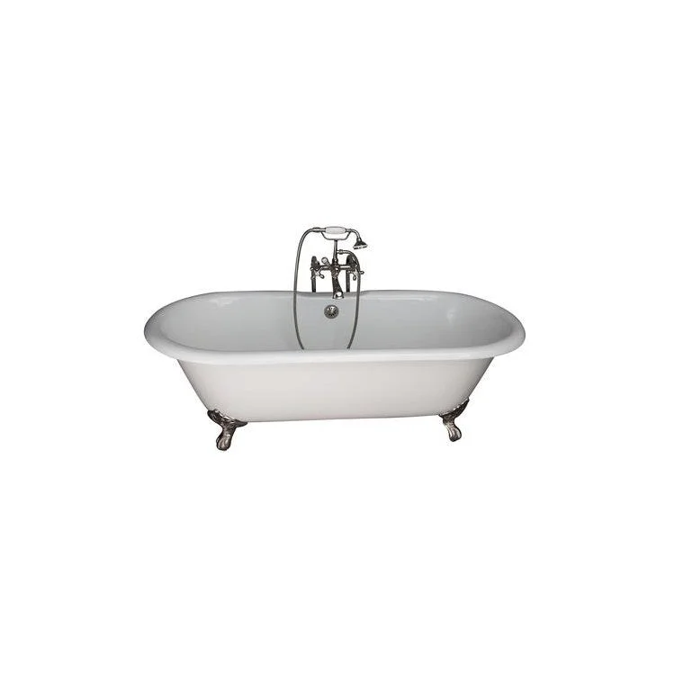 Tub Kit Columbus Freestanding 61 Inch Cast Iron White Includes Polished Nickel Tub Filler with Handshower 30 Inch Freestanding Bath Supplies & Leg Tub Drain Imperial Feet Elephant Spout Metal Cross Handles in White Cradle 60 Inch Hose 60 Gallon Capacity