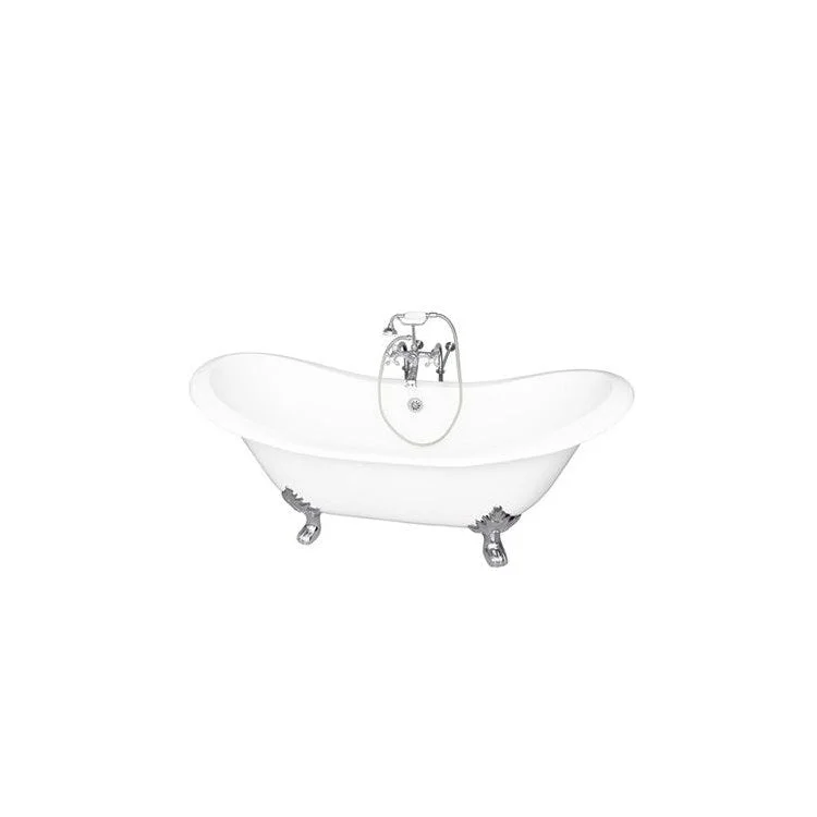 Tub Kit Marshall 72 Inch Cast Iron White Kit Includes Polished Chrome Tub Filler with Handshower 30 Inch Freestanding Bath Supplies and Tub Drain Non-Skid Strips Ball and Claw Feet Elephant Spout Metal Cross Cradle Hose