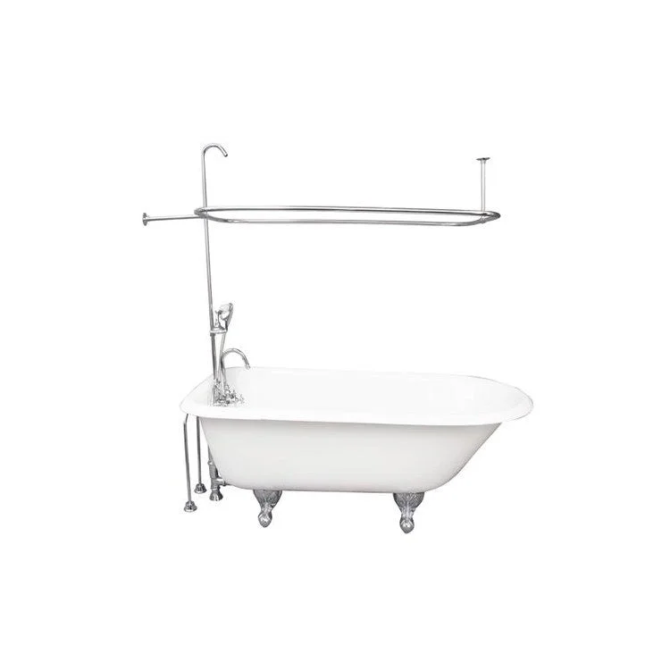 Tub Kit Bartlett 60 Inch Cast Iron White Kit Includes Polished Chrome Tub Filler Handshower 60 Inch Riser Rectangular Shower Ring 24 Inch Double Offset Tub Supplies and Tub Drain Non-Skid Strips Ball Claw Feet Gooseneck Spout Porcelain Lever Cradle Hose