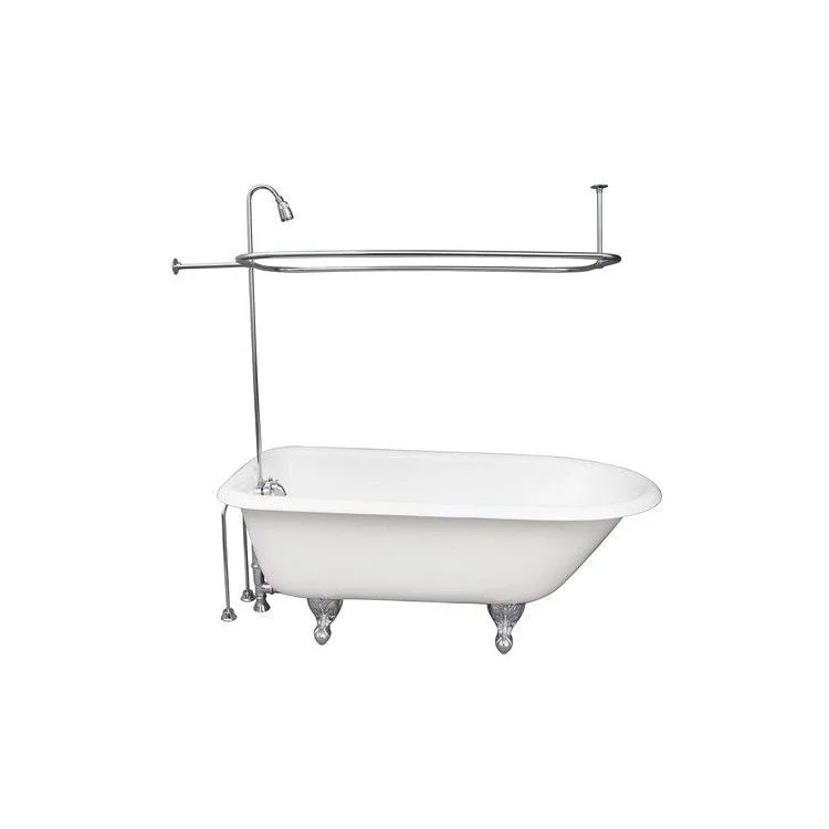 Tub Kit Bartlett 60 Inch Cast Iron White Kit Includes Polished Chrome Tub Filler Riser Showerhead Rectangular Shower Ring Double Offset Tub Supplies and Tub Drain Non-Skid Strips Ball and Claw Feet Metal Lever Rectangular Shower Rod Wall Ceiling Supports