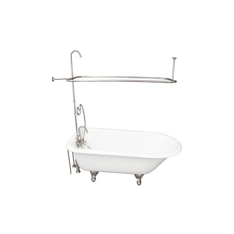 Tub Kit Bartlett 60 Inch Cast Iron White Kit Includes Brushed Nickel Tub Filler with Handshower Riser Rectangular Shower Ring Double Offset Tub Supplies Tub Drain Non-Skid Strips Ball and Claw Feet Gooseneck Spout Porcelain Lever Cradle Hose Shower Rod