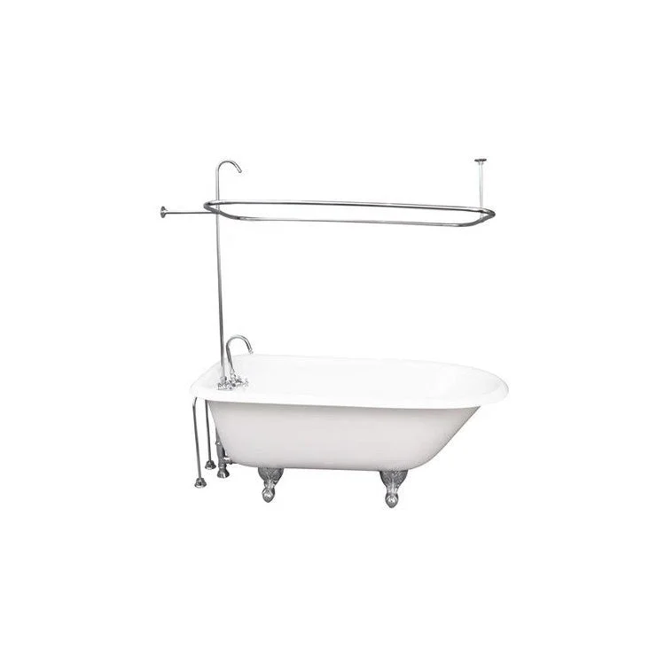 Tub Kit Brocton 67 Inch Cast Iron White Kit Includes Polished Chrome Tub Filler 62 Inch Riser Rectangular Shower Ring 24 Inch Double Offset Tub Supplies and Tub Drain Non-Skid Strips Ball and Claw Feet Gooseneck Spout Porcelain Lever