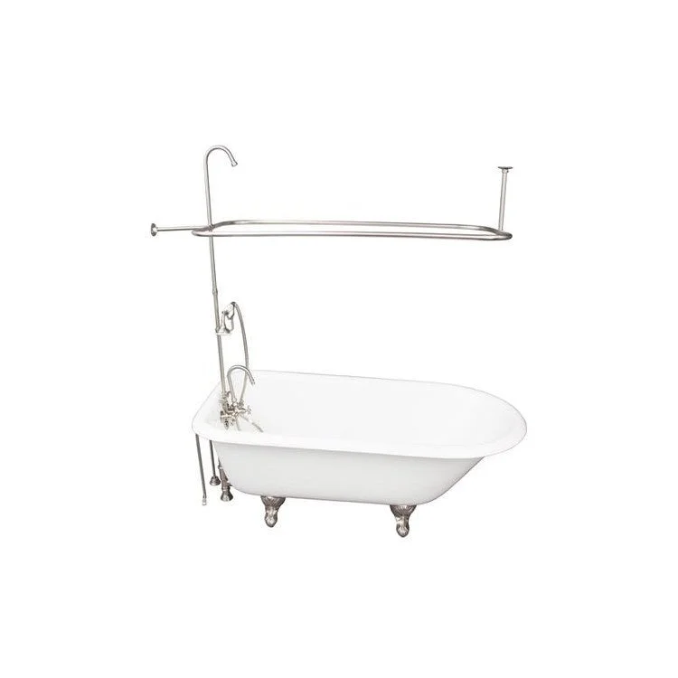 Tub Kit Brocton 67 Inch Cast Iron White Kit Includes Brushed Nickel Tub Filler Telephone Handshower Riser Shower Ring Double Offset Tub Supplies and Tub Drain Non-Skid Strips Ball and Claw Feet Gooseneck Spout Porcelain Lever Cradle Hose Shower Rod