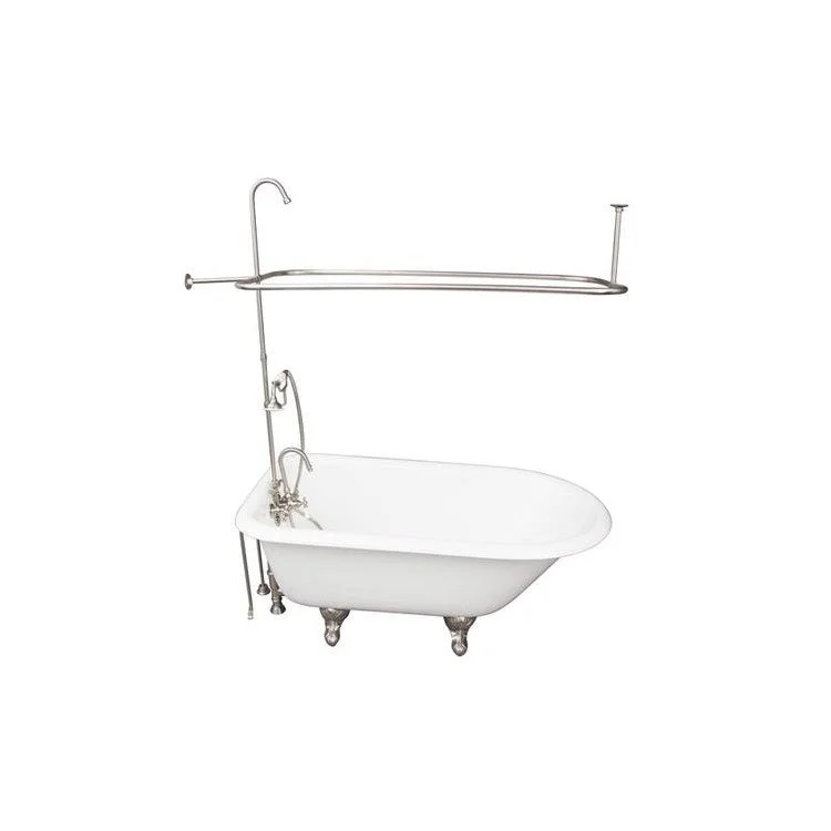 Tub Kit Antonio 55 Inch Cast Iron White Kit Includes Brushed Nickel Tub Filler with Handshower Riser Rectangular Shower Ring Double Offset Tub Supplies and Tub Drain Non-Skid Strips Ball and Claw Feet Gooseneck Spout Porcelain Lever Cradle Hose Shower Rod