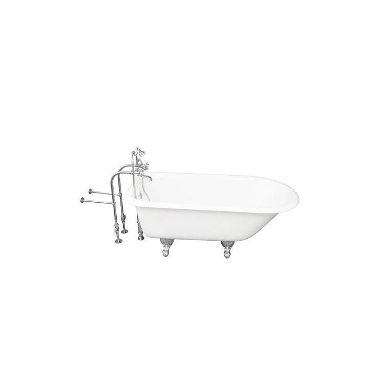 Tub Kit Bartlett 60 Inch Cast Iron White Kit Includes Polished Chrome Tub Filler with Handshower 30 Inch Freestanding Tub Supplies and Tub Drain Non-Skid Strips Ball and Claw Feet Elephant Spout Metal Cross Cradle Hose