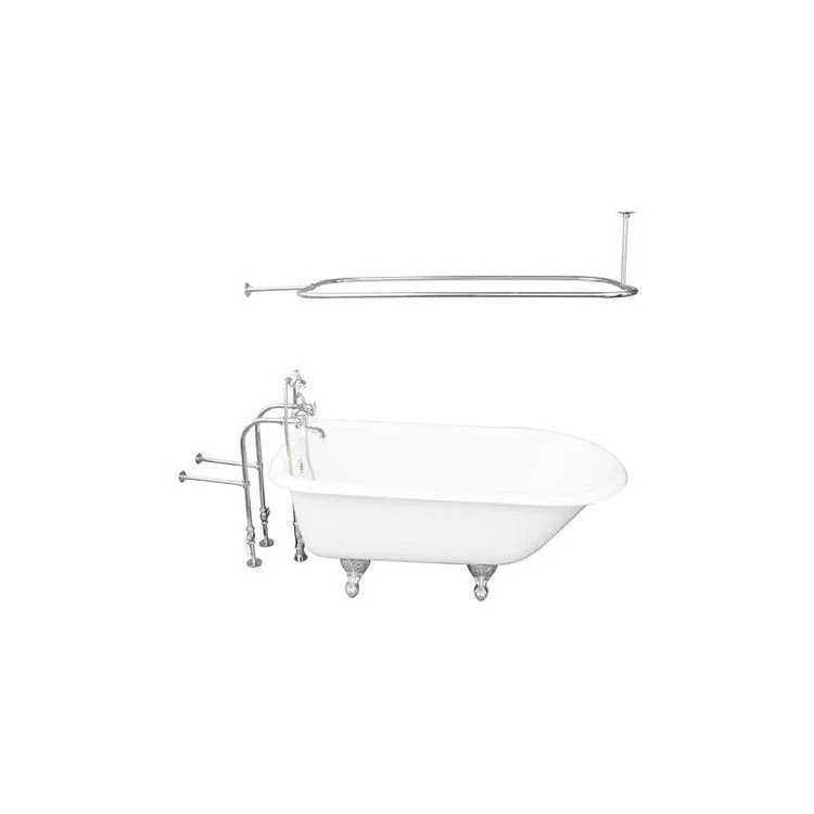 Tub Kit Bartlett 60 Inch Cast Iron White Kit Includes Polished Chrome Tub Filler 54 Inch Rectangular Shower Rod 30 Inch Freestanding Tub Supplies and Tub Drain Non-Skid Strips Ball and Claw Feet Elephant Spout Porcelain Lever Cradle Hose