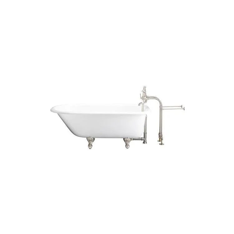 Tub Kit Bartlett 60 Inch Cast Iron White Kit Includes Brushed Nickel Tub Filler with Handshower 30 Inch Freestanding Tub Supplies and Tub Drain Non-Skid Strips Ball and Claw Feet Elephant Spout Porcelain Lever Cradle Hose