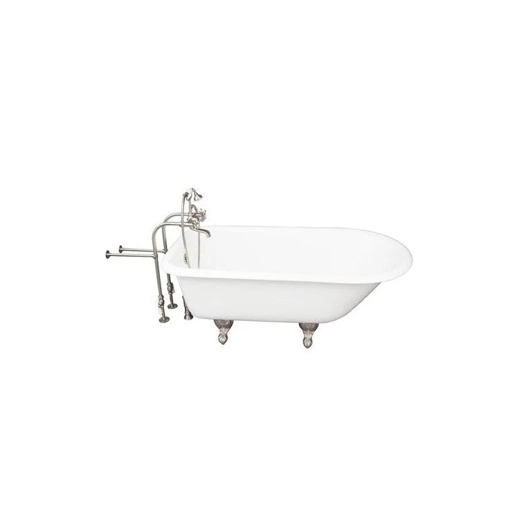 Tub Kit Bartlett 60 Inch Cast Iron White Kit Includes Brushed Nickel Tub Filler with Handshower 30 Inch Freestanding Tub Supplies and Tub Drain Non-Skid Strips Ball and Claw Feet Elephant Spout Metal Cross Cradle Hose