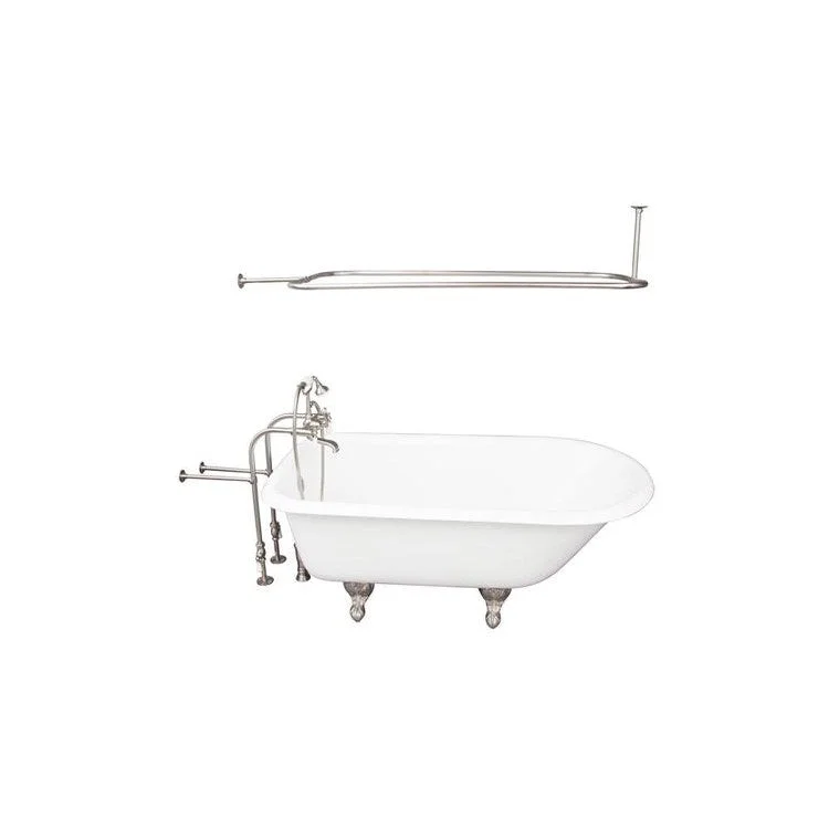 Tub Kit Bartlett 60 Inch Cast Iron White Kit Includes Brushed Nickel Tub Filler 54 Inch Rectangular Shower Rod 30 Inch Freestanding Tub Supplies and Tub Drain Non-Skid Strips Ball and Claw Feet Elephant Spout Porcelain Lever Cradle Hose