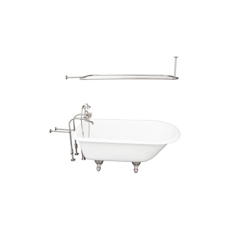 Tub Kit Bartlett 60 Inch Cast Iron White Kit Includes Brushed Nickel Tub Filler 54 Inch Rectangular Shower Rod 30 Inch Freestanding Tub Supplies and Tub Drain Non-Skid Strips Ball and Claw Feet Elephant Spout Metal Cross Cradle Hose