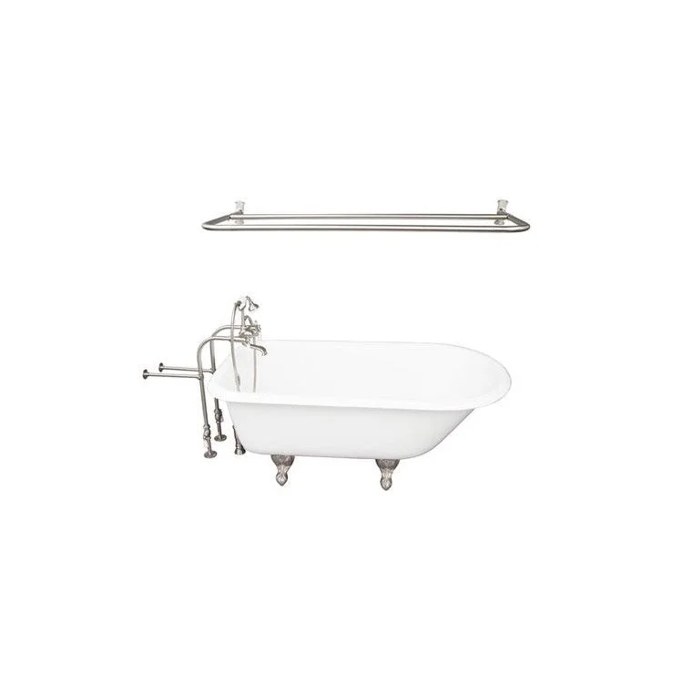 Tub Kit Bartlett 60 Inch Cast Iron White Kit Includes Brushed Nickel Tub Filler Shower Rod 30 Inch Freestanding Tub Supplies and Tub Drain Non-Skid Strips Ball and Claw Feet Elephant Spout Porcelain Lever Cradle Hose