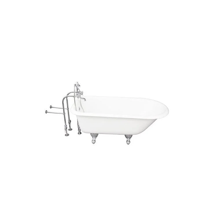 Tub Kit Brocton 67 Inch Cast Iron White Kit Includes Polished Chrome Tub Filler with Handshower 30 Inch Freestanding Tub Supplies and Tub Drain Non-Skid Strips Ball and Claw Feet Elephant Spout Porcelain Lever Cradle Hose