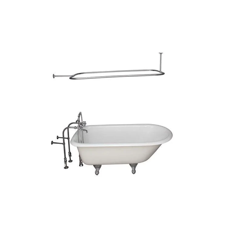 Tub Kit Brocton 68 Inch Cast Iron White Kit Includes Polished Chrome Tub Filler 54 Inch Rectangular Shower Rod 30 Inch Freestanding Tub Supplies and Tub Drain Non-Skid Strips Ball and Claw Feet Elephant Spout Metal Cross Cradle Hose