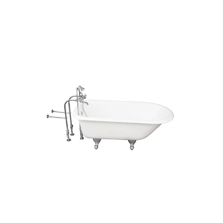 Tub Kit Brocton 67 Inch Cast Iron White Kit Includes Polished Chrome Tub Filler with Handshower 30 Inch Freestanding Tub Supplies and Tub Drain Non-Skid Strips Ball and Claw Feet Elephant Spout Metal Cross Cradle Hose