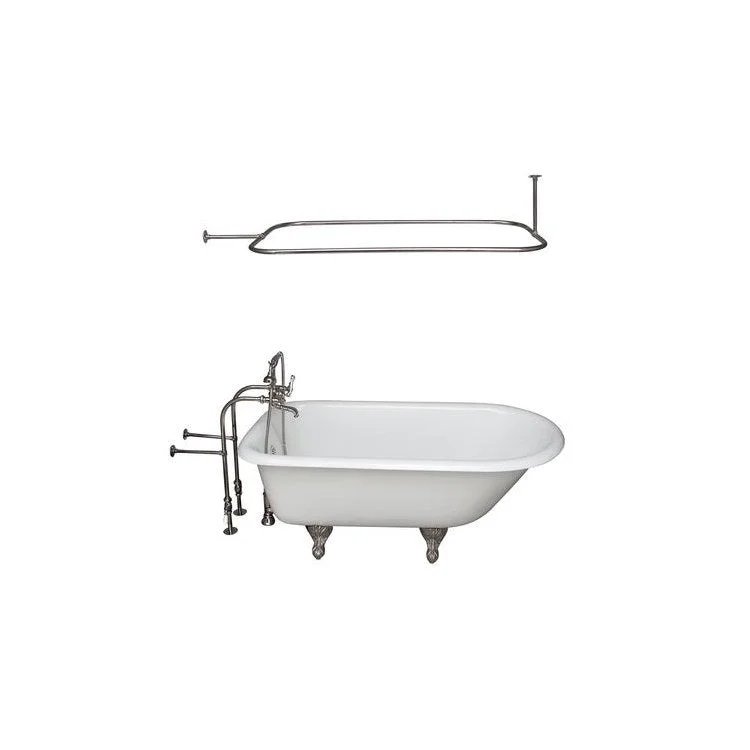 Tub Kit Brocton 68 Inch Cast Iron White Kit Includes Polished Nickel Tub Filler 54 Inch Rectangular Shower Rod 30 Inch Freestanding Tub Supplies and Tub Drain Non-Skid Strips Ball and Claw Feet Elephant Spout Metal Cross Cradle Hose