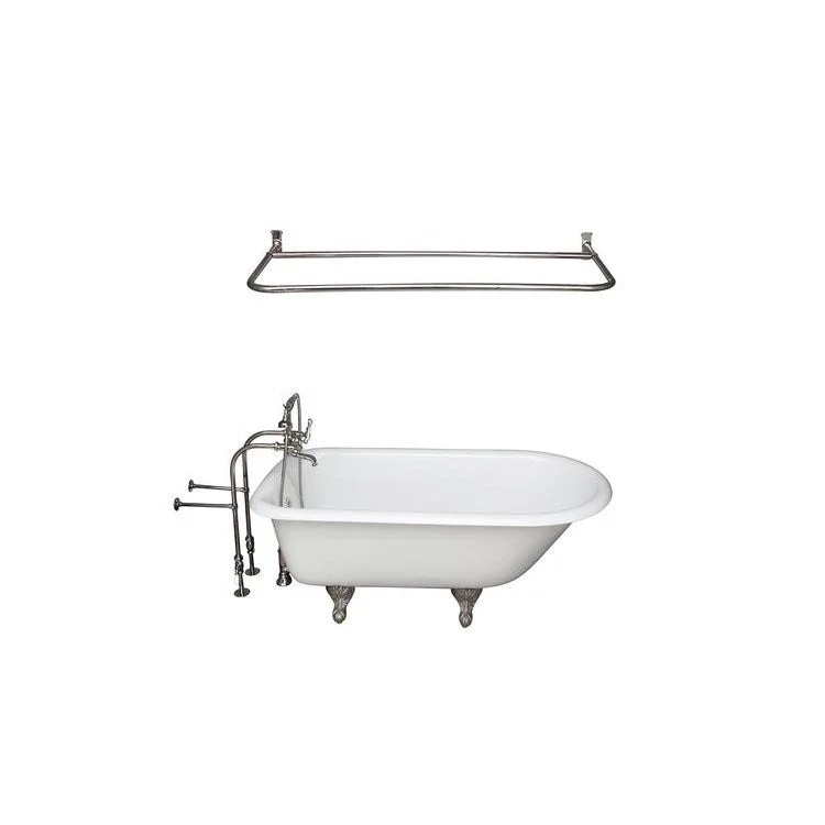 Tub Kit Brocton 68 Inch Cast Iron White Kit Includes Polished Nickel Tub Filler 60 Inch Shower Rod 30 Inch Freestanding Tub Supplies and Tub Drain Non-Skid Strips Ball and Claw Feet Elephant Spout Metal Cross Cradle Hose